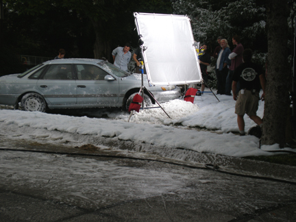 filming fake snow scene