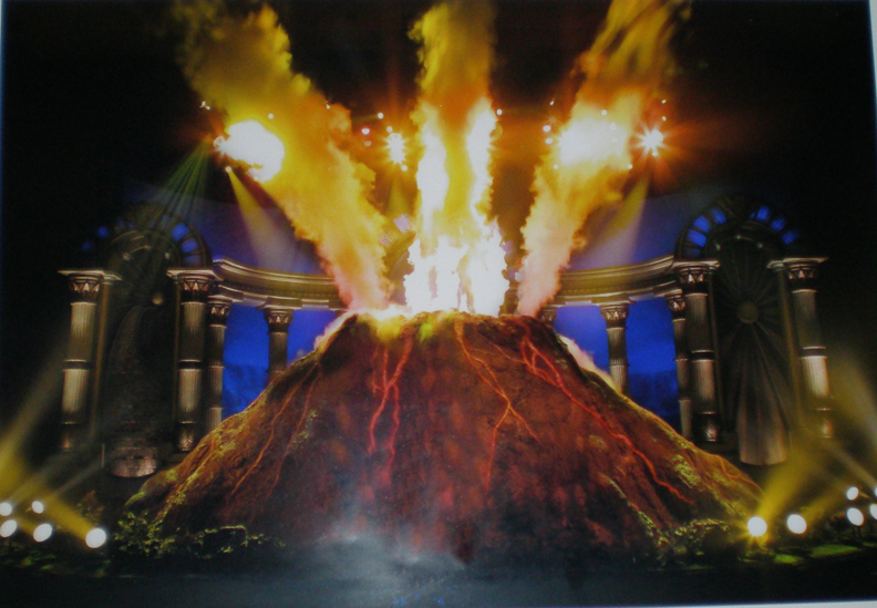 A Volcano for a live event at Ruth Eckard Performing Art Center, with Propane Flames, Cryo Jets and LSG cryogenic Cryo smoke flowing and pluming from the inside of the volcano